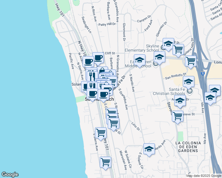 map of restaurants, bars, coffee shops, grocery stores, and more near 124 Lomas Santa Fe Drive in Solana Beach