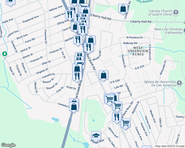 map of restaurants, bars, coffee shops, grocery stores, and more near 114 Red Bank Road in Goose Creek