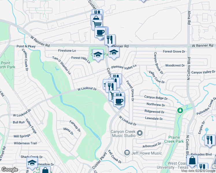 map of restaurants, bars, coffee shops, grocery stores, and more near 606 West Lookout Drive in Richardson