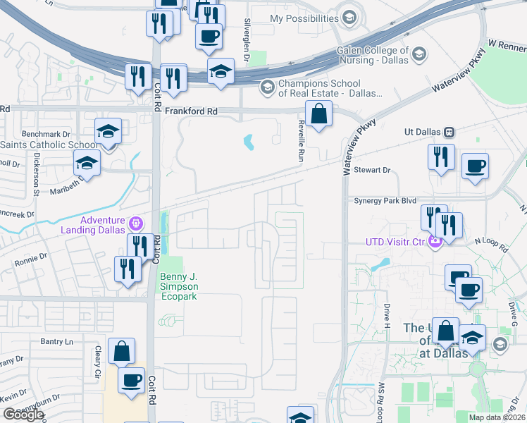 map of restaurants, bars, coffee shops, grocery stores, and more near 17735 Sage Lane in Dallas