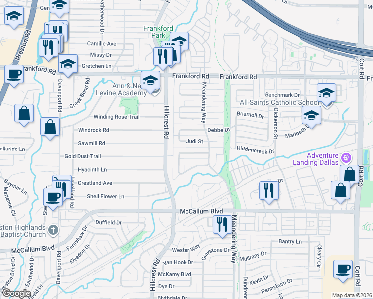 map of restaurants, bars, coffee shops, grocery stores, and more near 7010 Lattimore Drive in Dallas
