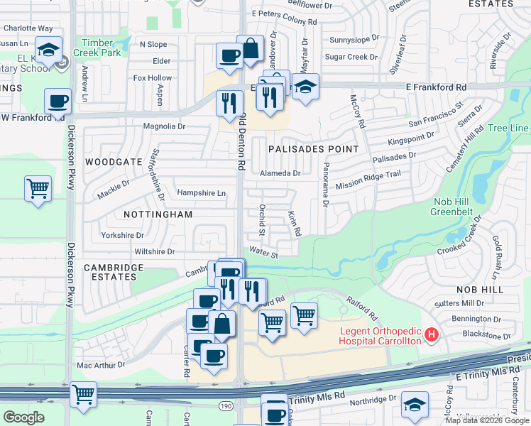 map of restaurants, bars, coffee shops, grocery stores, and more near 1012 Peacock Boulevard in Carrollton
