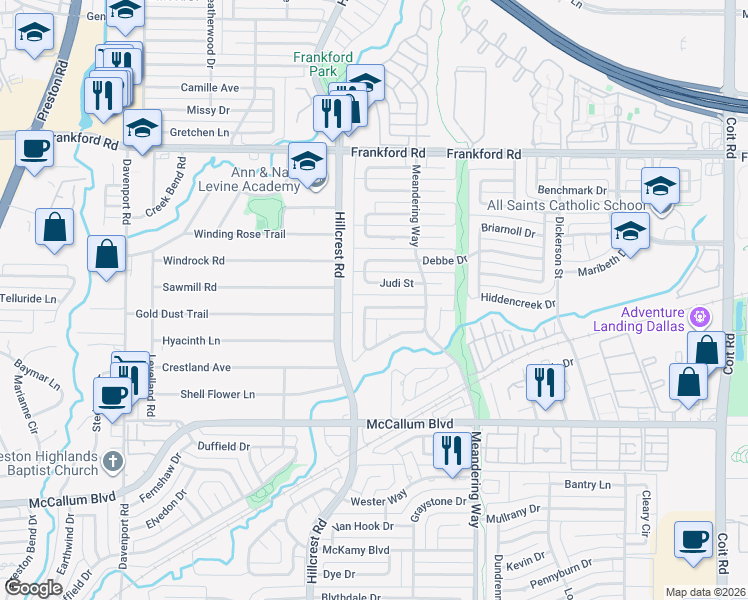 map of restaurants, bars, coffee shops, grocery stores, and more near 7010 Lattimore Drive in Dallas