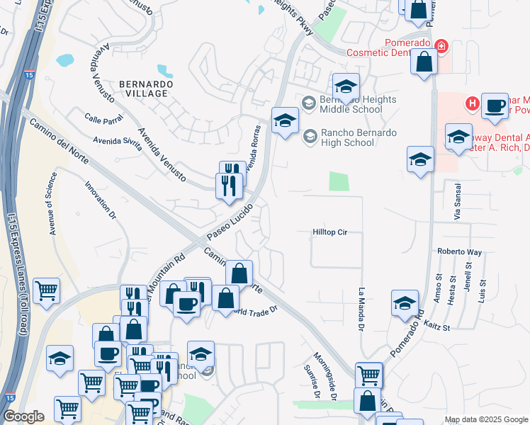 map of restaurants, bars, coffee shops, grocery stores, and more near 15078 Avenida Venusto in San Diego