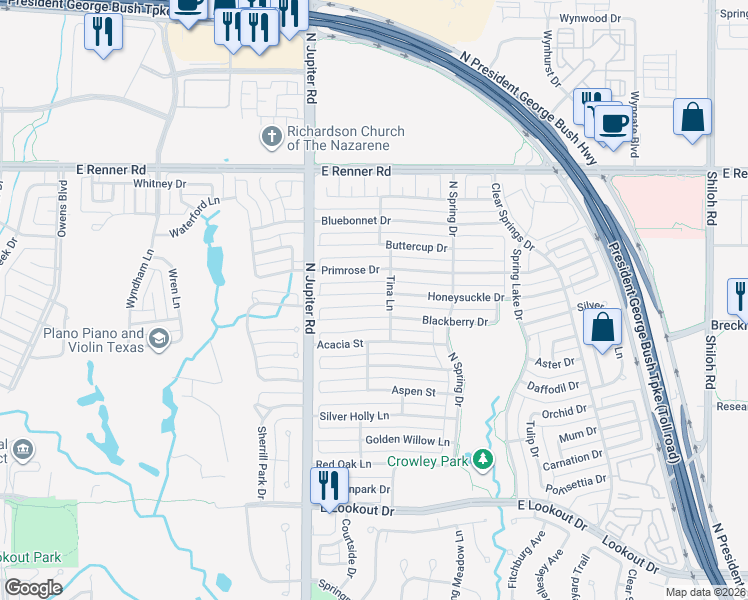 map of restaurants, bars, coffee shops, grocery stores, and more near 2304 Honeysuckle Drive in Richardson