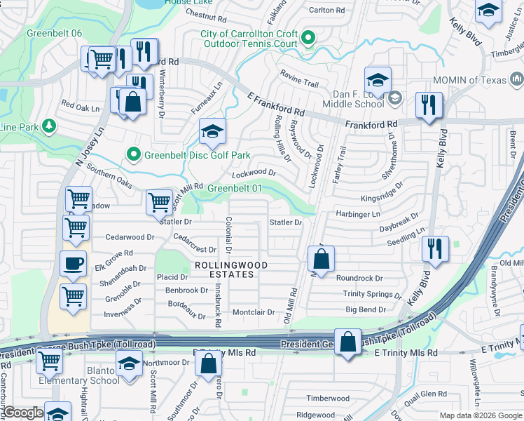 map of restaurants, bars, coffee shops, grocery stores, and more near 2219 Stonebrook Drive in Carrollton