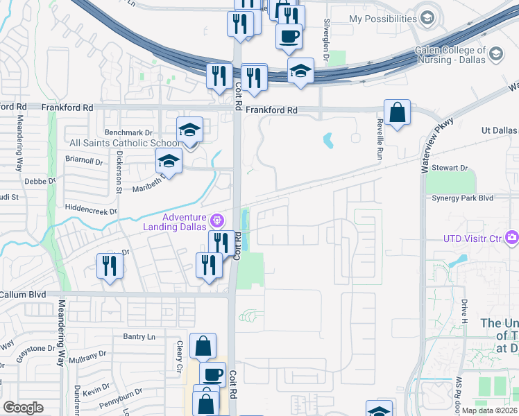 map of restaurants, bars, coffee shops, grocery stores, and more near 8043 Sunflower Lane in Dallas