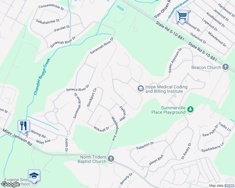 map of restaurants, bars, coffee shops, grocery stores, and more near 301 Wynfield Forest Drive in Summerville