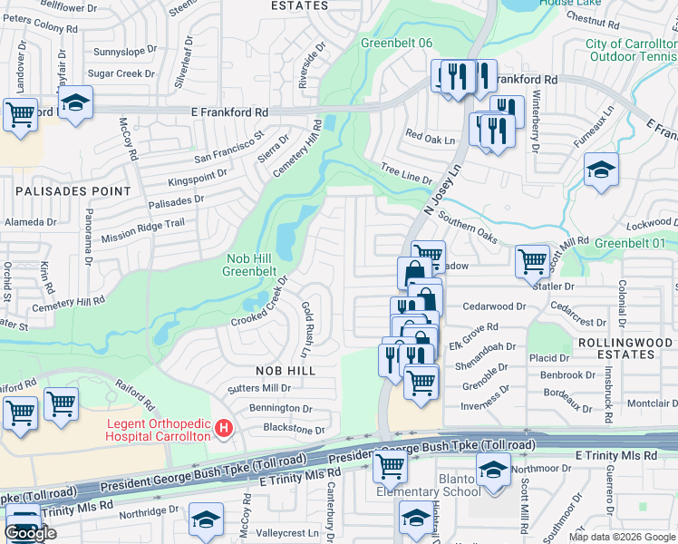 map of restaurants, bars, coffee shops, grocery stores, and more near 2901 Haymeadow in Carrollton