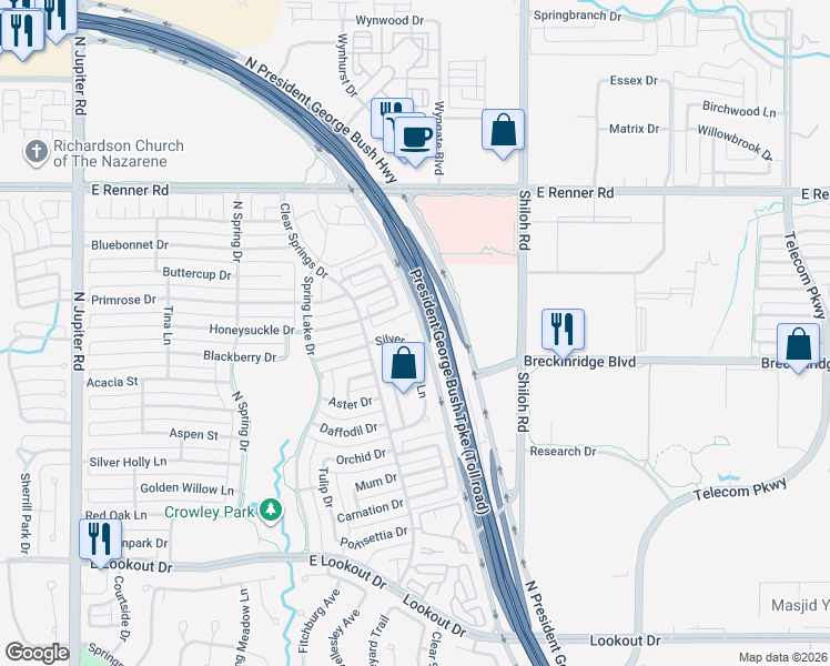 map of restaurants, bars, coffee shops, grocery stores, and more near 3042 Silver Springs Lane in Richardson
