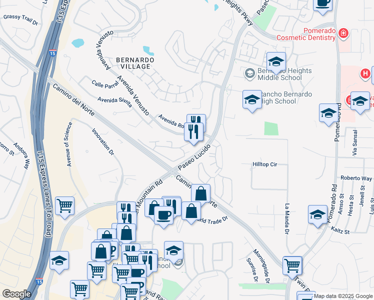 map of restaurants, bars, coffee shops, grocery stores, and more near 12095 Alta Carmel Court in San Diego