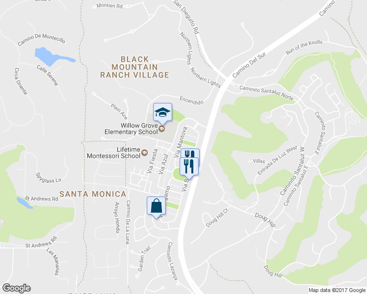 map of restaurants, bars, coffee shops, grocery stores, and more near 7664 Sonata Lane in San Diego