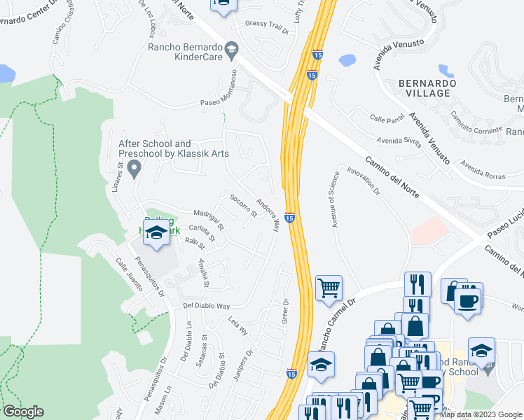 map of restaurants, bars, coffee shops, grocery stores, and more near 15322 Andorra Way in San Diego