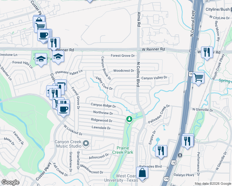 map of restaurants, bars, coffee shops, grocery stores, and more near 328 Ridgebriar Drive in Richardson
