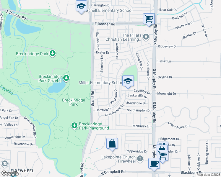 map of restaurants, bars, coffee shops, grocery stores, and more near 3112 Stonehenge Drive in Richardson