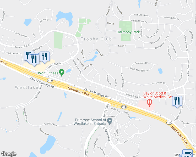 map of restaurants, bars, coffee shops, grocery stores, and more near 6 Cypress Ct in Trophy Club