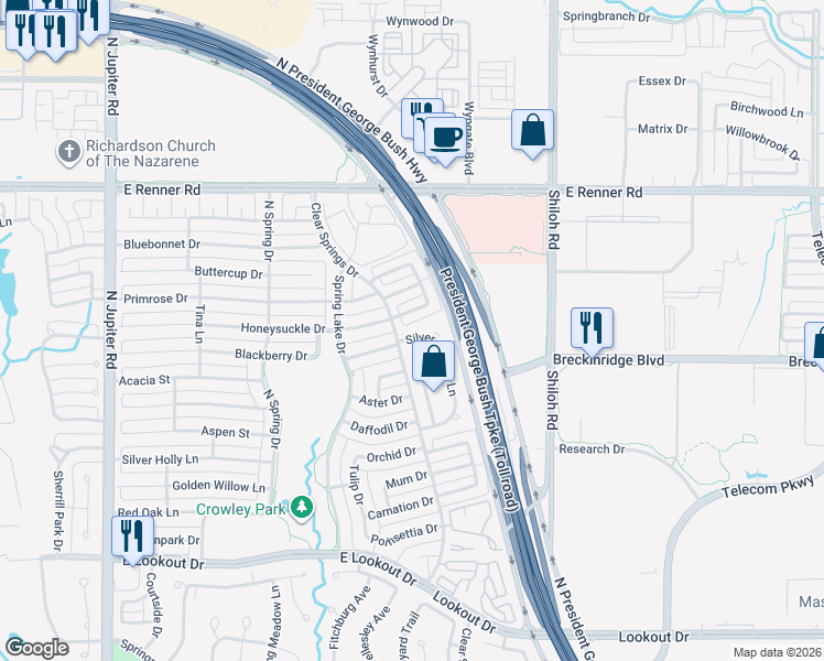 map of restaurants, bars, coffee shops, grocery stores, and more near 3116 Silver Springs Lane in Richardson