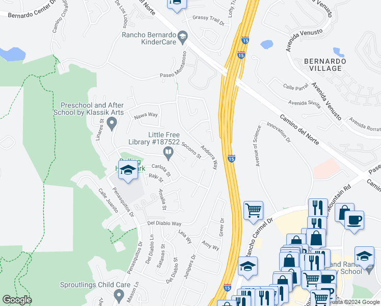 map of restaurants, bars, coffee shops, grocery stores, and more near 11183 Socorro Street in San Diego