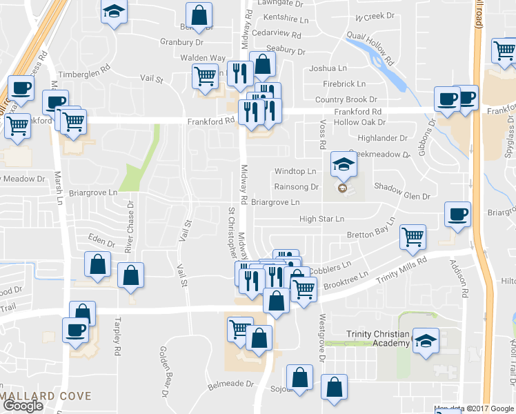 map of restaurants, bars, coffee shops, grocery stores, and more near 4102 Briargrove Lane in Dallas
