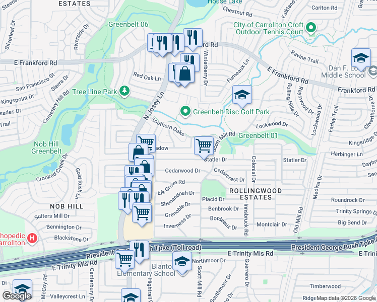 map of restaurants, bars, coffee shops, grocery stores, and more near 2024 Haymeadow in Carrollton