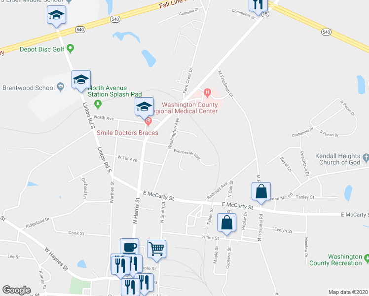 map of restaurants, bars, coffee shops, grocery stores, and more near 207 Winchester Way in Sandersville