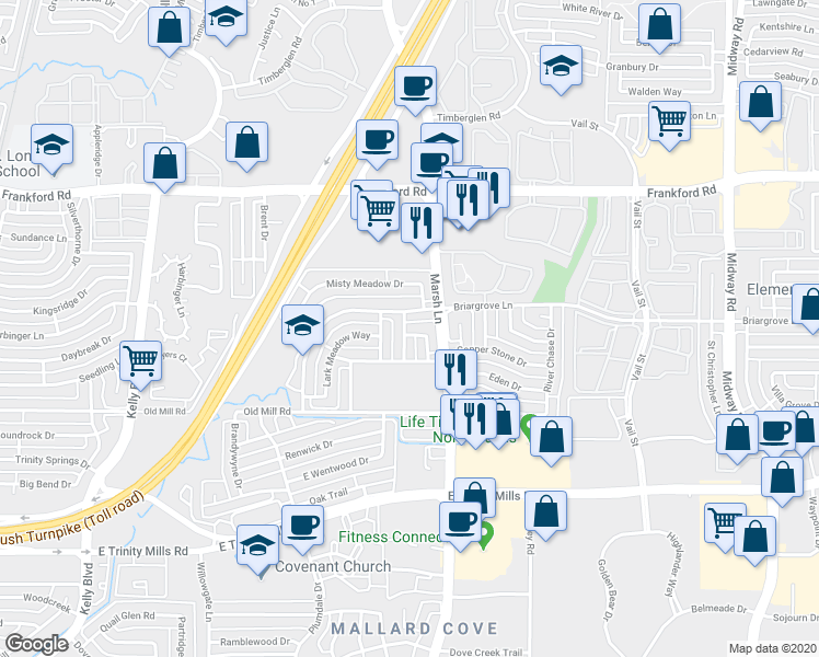 map of restaurants, bars, coffee shops, grocery stores, and more near 17744 Knollmeadow Lane in Dallas