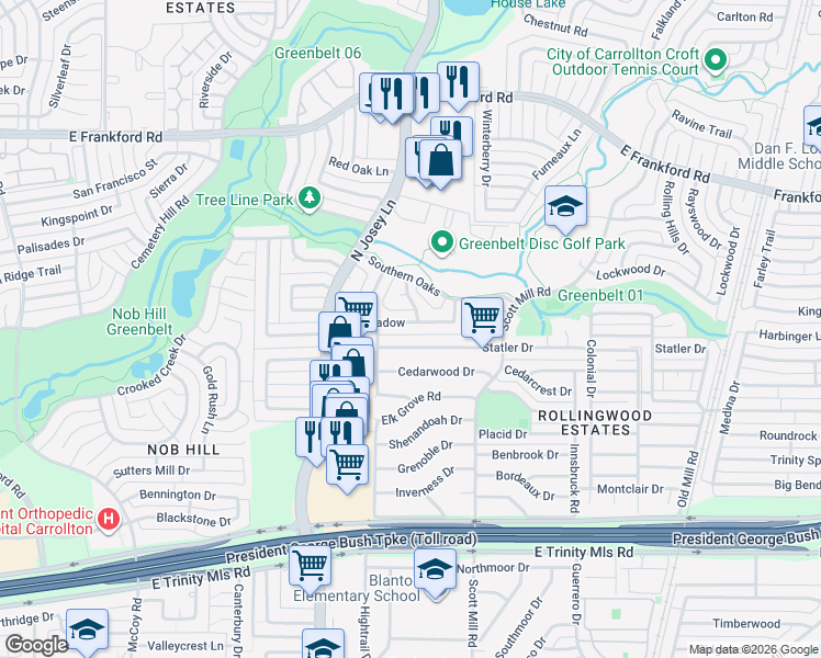 map of restaurants, bars, coffee shops, grocery stores, and more near 2010 Haymeadow in Carrollton