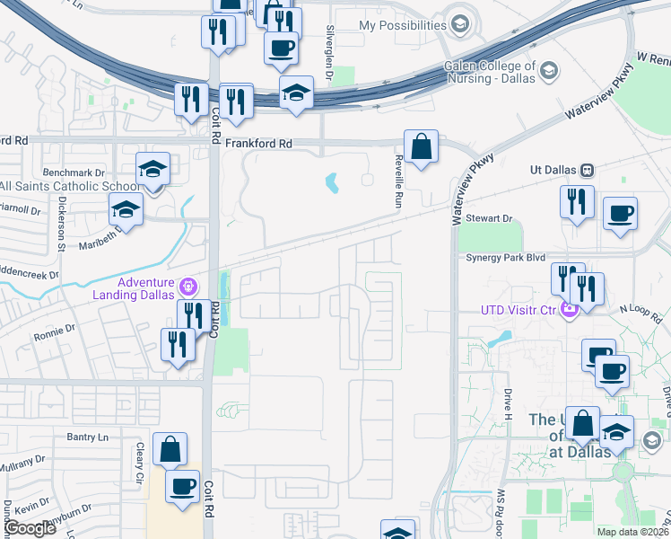 map of restaurants, bars, coffee shops, grocery stores, and more near 17735 Sage Lane in Dallas
