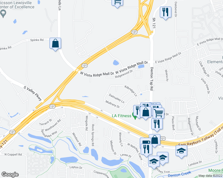 map of restaurants, bars, coffee shops, grocery stores, and more near 139 Kilbridge Lane in Coppell