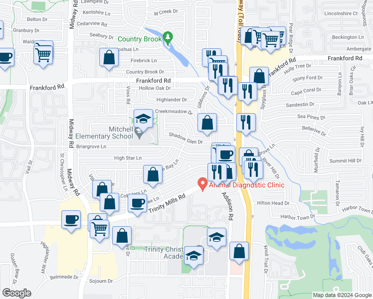 map of restaurants, bars, coffee shops, grocery stores, and more near 4401 Briargrove Lane in Dallas