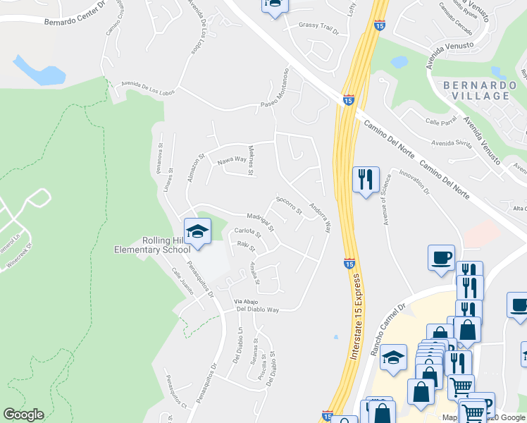map of restaurants, bars, coffee shops, grocery stores, and more near 11110 Socorro Street in San Diego
