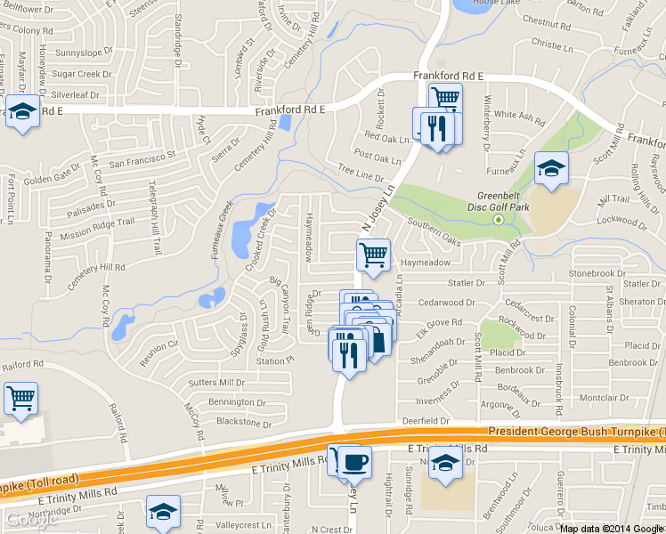 map of restaurants, bars, coffee shops, grocery stores, and more near 1809 Haymeadow in Carrollton