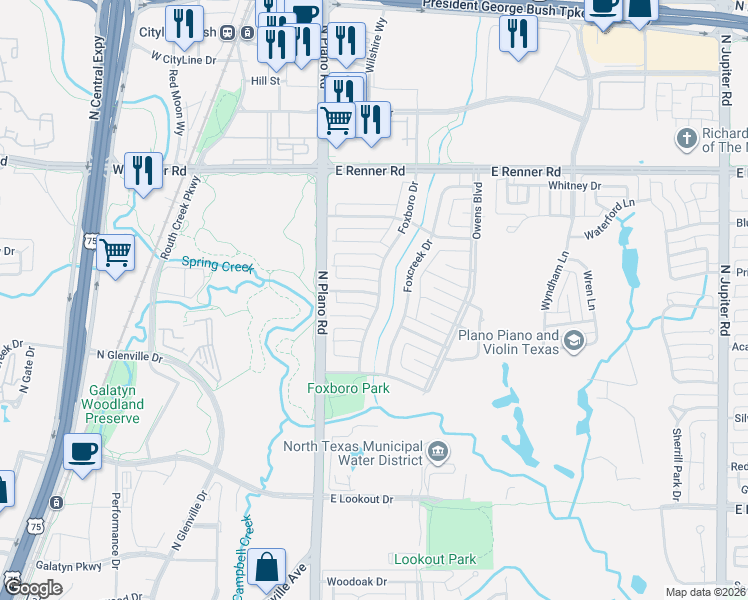 map of restaurants, bars, coffee shops, grocery stores, and more near 1414 Scottsboro Lane in Richardson
