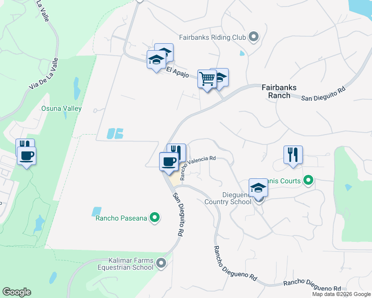 map of restaurants, bars, coffee shops, grocery stores, and more near 5867 Saratoga Corte in Rancho Santa Fe