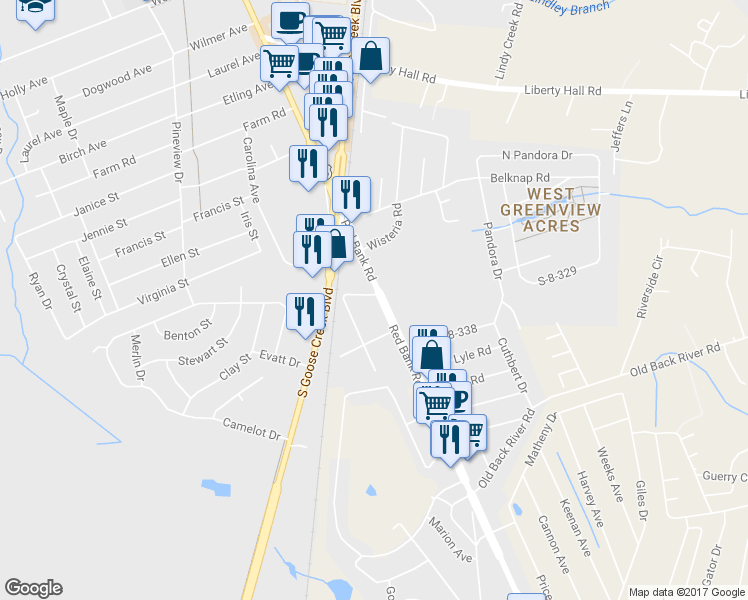 map of restaurants, bars, coffee shops, grocery stores, and more near 114 Red Bank Road in Goose Creek
