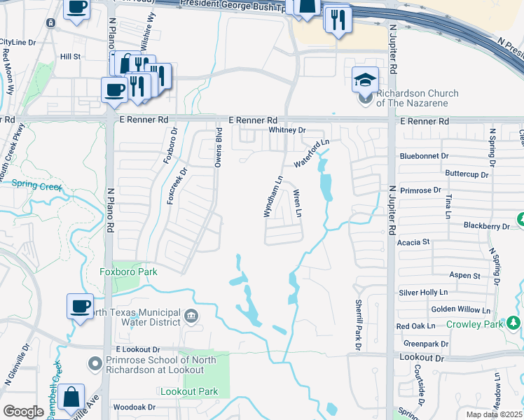 map of restaurants, bars, coffee shops, grocery stores, and more near 2907 Wyndham Lane in Richardson
