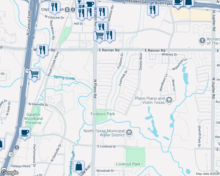 map of restaurants, bars, coffee shops, grocery stores, and more near 1414 Scottsboro Lane in Richardson