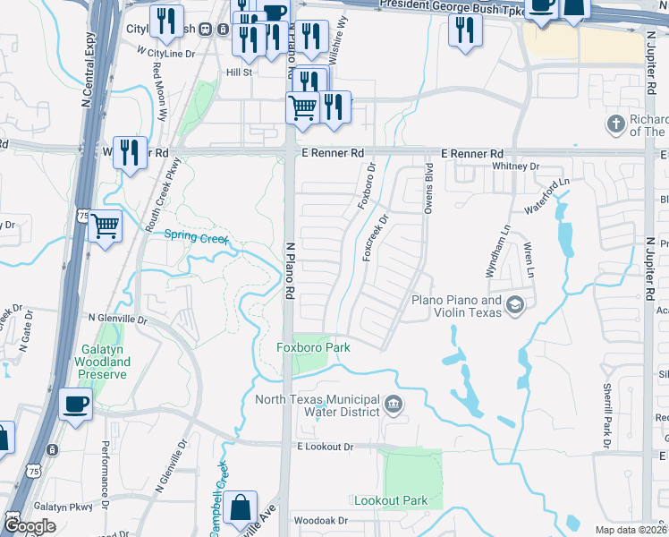 map of restaurants, bars, coffee shops, grocery stores, and more near 1414 Scottsboro Lane in Richardson