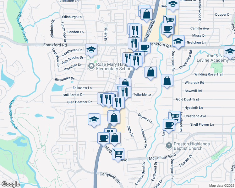 map of restaurants, bars, coffee shops, grocery stores, and more near 17601 Preston Road in Dallas
