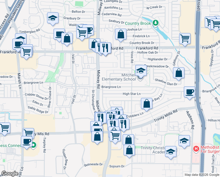 map of restaurants, bars, coffee shops, grocery stores, and more near 4122 Briargrove Lane in Dallas