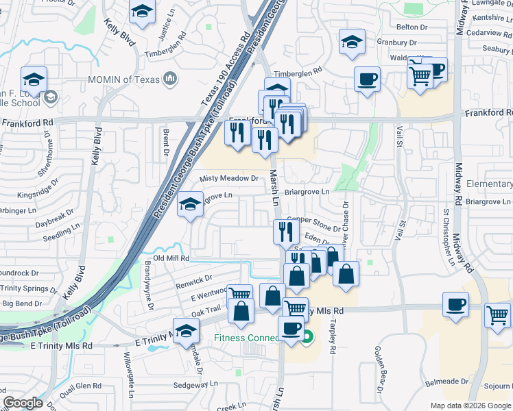 map of restaurants, bars, coffee shops, grocery stores, and more near 17744 Knollmeadow Lane in Dallas