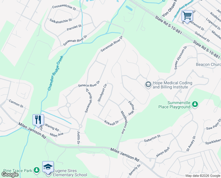 map of restaurants, bars, coffee shops, grocery stores, and more near 9717 Stockport Circle in Summerville