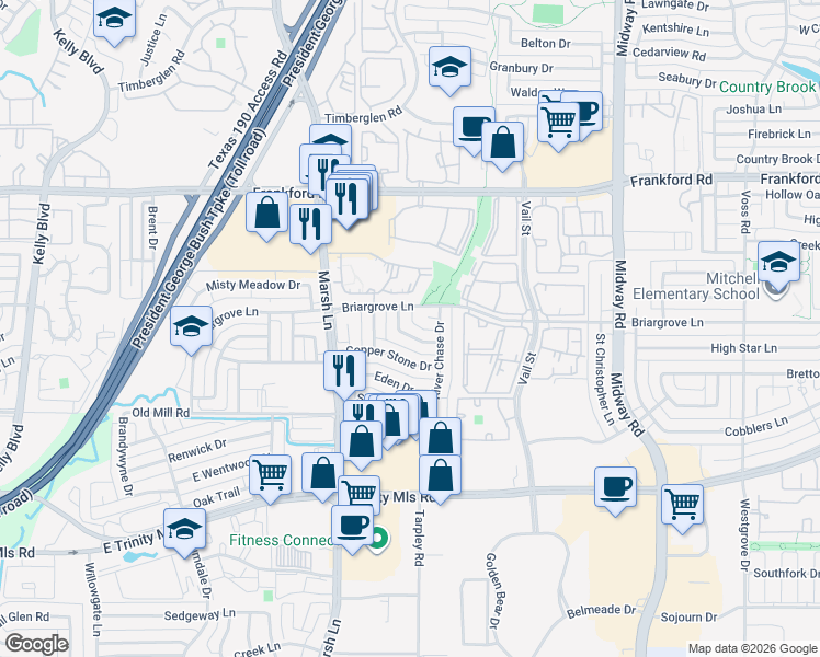 map of restaurants, bars, coffee shops, grocery stores, and more near 3615 Amber Hills Drive in Dallas