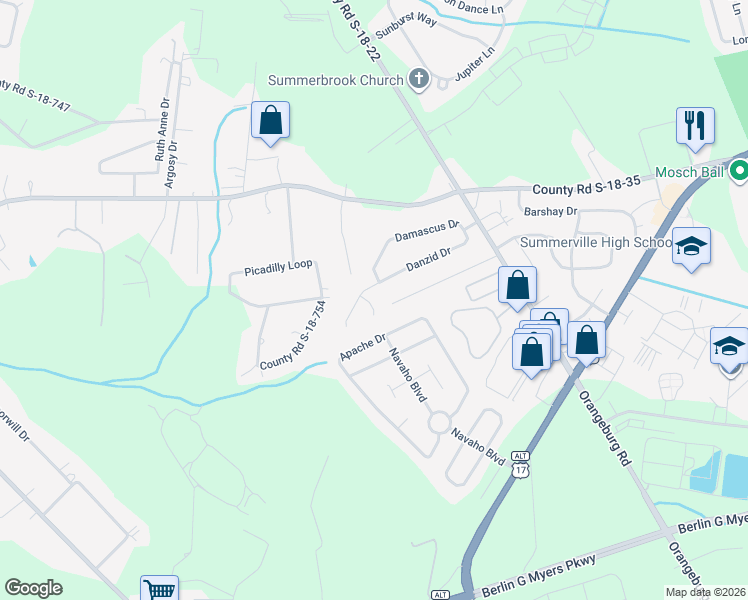 map of restaurants, bars, coffee shops, grocery stores, and more near 204 Alydar Court in Summerville