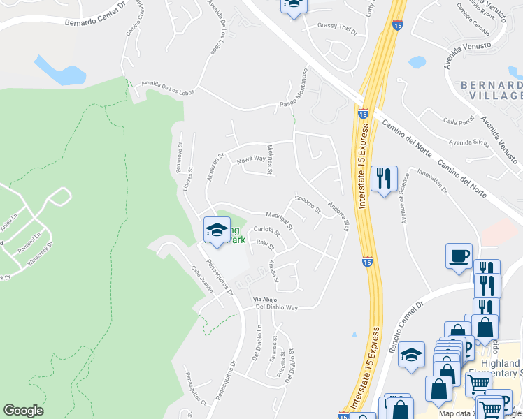 map of restaurants, bars, coffee shops, grocery stores, and more near 11082 Madrigal Street in San Diego