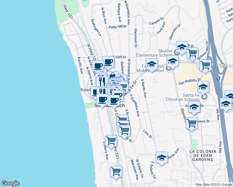 map of restaurants, bars, coffee shops, grocery stores, and more near 124 Lomas Santa Fe Drive in Solana Beach