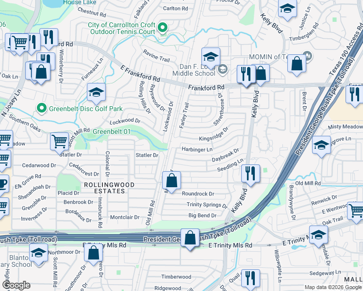 map of restaurants, bars, coffee shops, grocery stores, and more near 2307 Harbinger Lane in Dallas