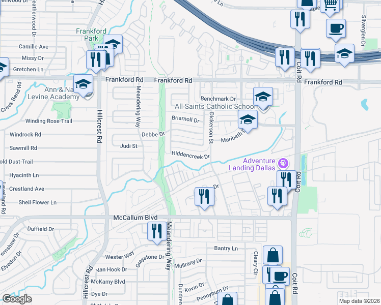 map of restaurants, bars, coffee shops, grocery stores, and more near 7401 Hiddencreek Drive in Dallas