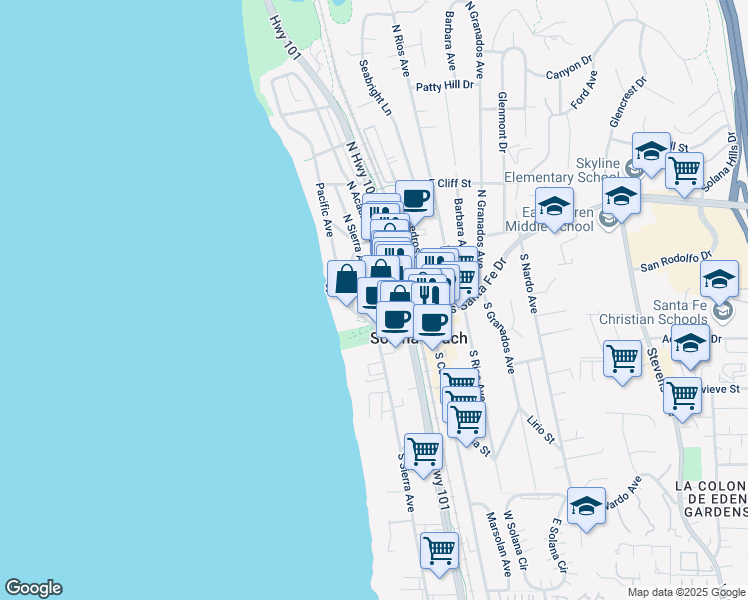 map of restaurants, bars, coffee shops, grocery stores, and more near 128 North Sierra Avenue in Solana Beach