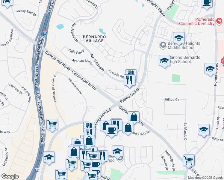 map of restaurants, bars, coffee shops, grocery stores, and more near 12039 Alta Carmel Court in San Diego